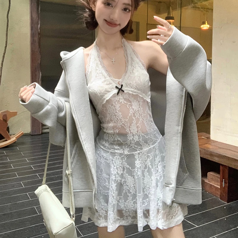 Combhasaki Damen-Sommerkleid mit Neckholder, Blumenspitze, durchsichtig, ärmellos, schmale Passform, rückenfrei, kurzes Mini-A-Linien-Kleid