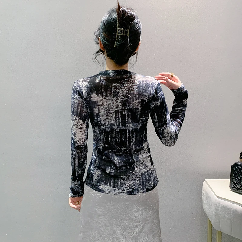 MadBlack 섹시 여성 모크넥 프린트 탑, 긴팔 슬림 불규칙 티, 유럽 의류, 가을 겨울 T40611CC