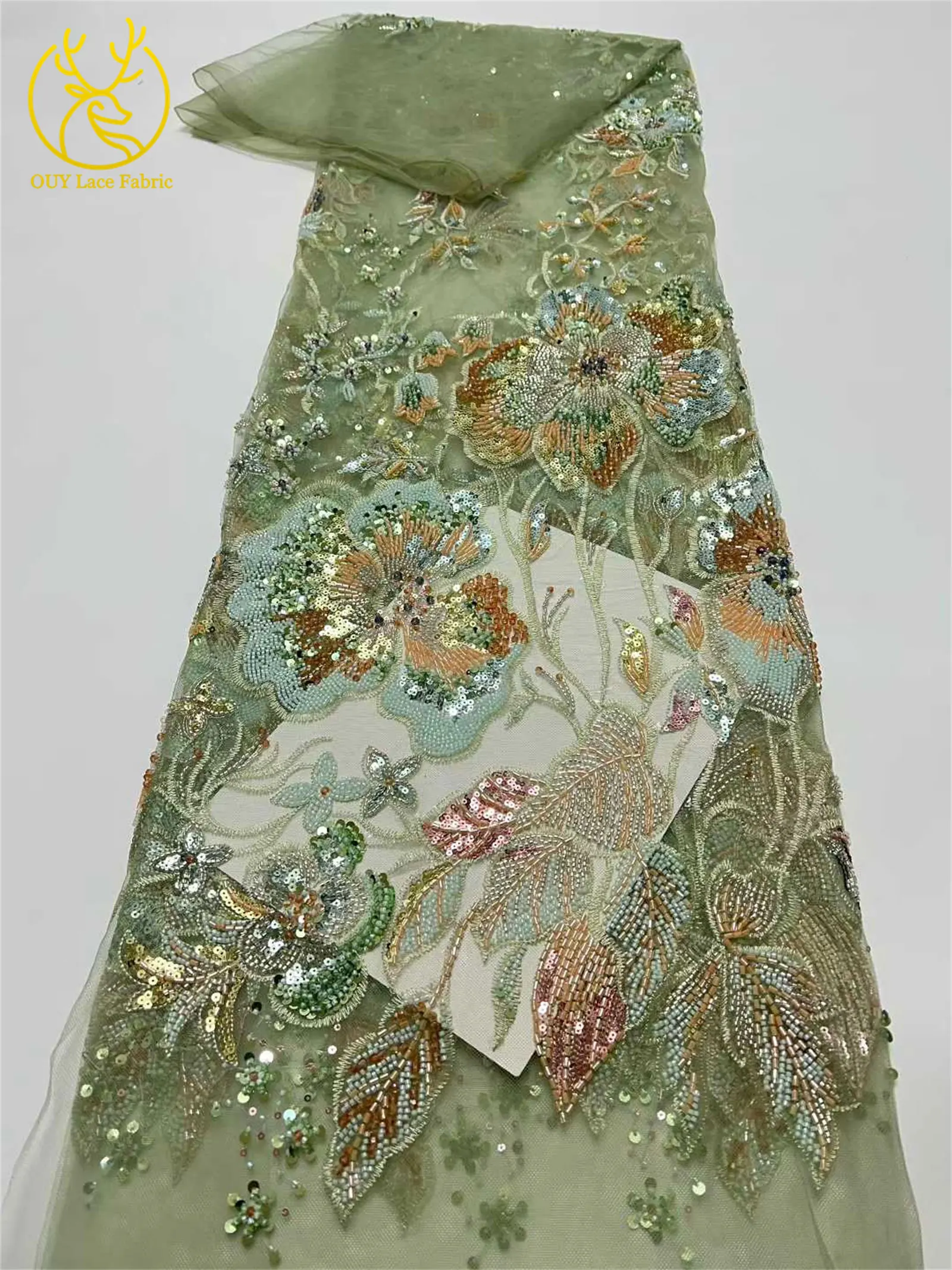 Afrikanischer schwerer Perlen-Spitzenstoff, 5 Yards, luxuriöse französische Pailletten-Spitze, Nigeria-Stickerei, Tüllspitze für Hochzeitskleider – Detail 22