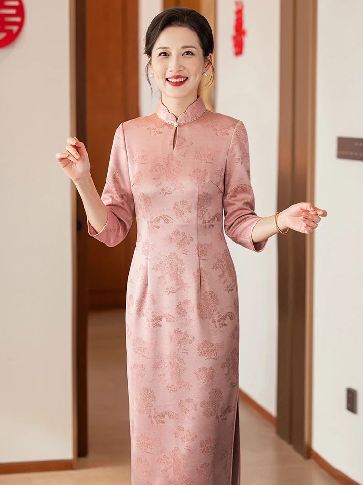 

Pink Wedding Dr Long Sve Vintage Sle High Slit Polyester Fiber Mid-Length Young And Ele Mothers Dr