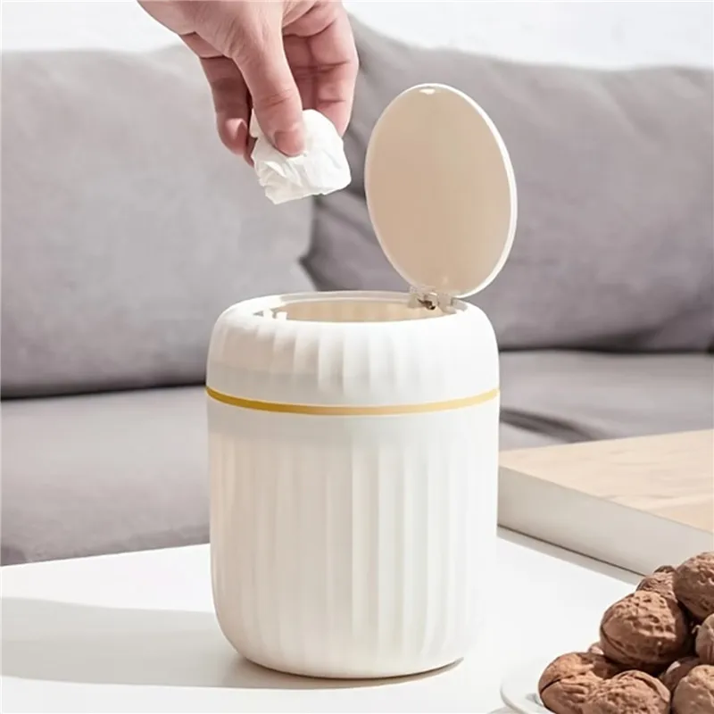 2024 New Light Luxury Mini Wastebasket Trash Can with Press Lid for Bathroom Vanity Makeup Table Inside Cabinet Desk Trash Bin