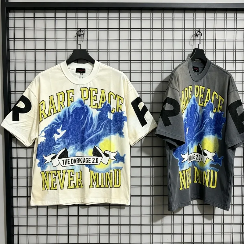 Oversize RARE PEACE Tshirts Ribbon Graffiti Print Summer Hiphop Street Outfit Vintage Distressed Cotton Men Women Short Sleeve