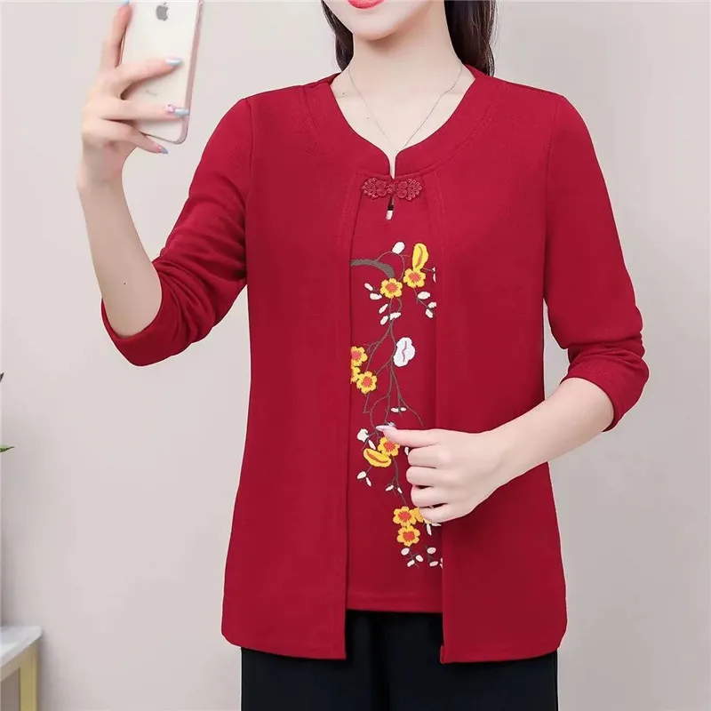 Women Fashion Printed Fake Two Piece T-Shirt Middle Aged Elderly Women's T-Shirt Top 2024 New Spring Autumn Clothing Tshirt