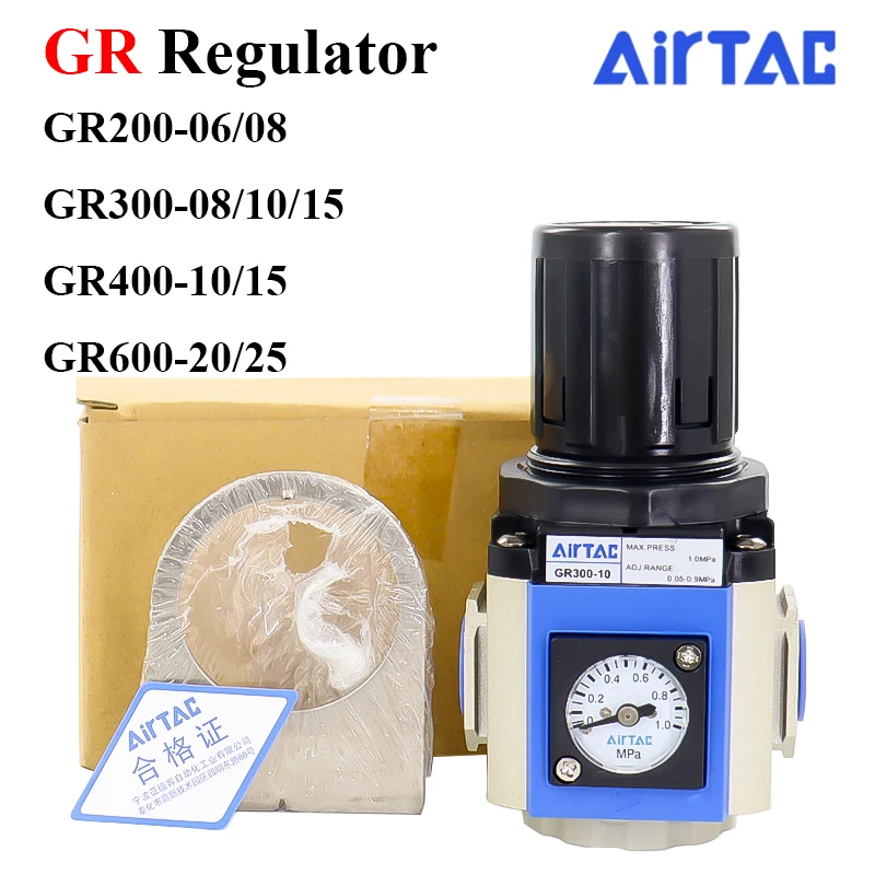 

AirTAC GR200-08 GR300-10 GR400-15 GR600-25 Adjustable Pneumatic Pressure Control Valve Regulator GR Series Preparation Unit