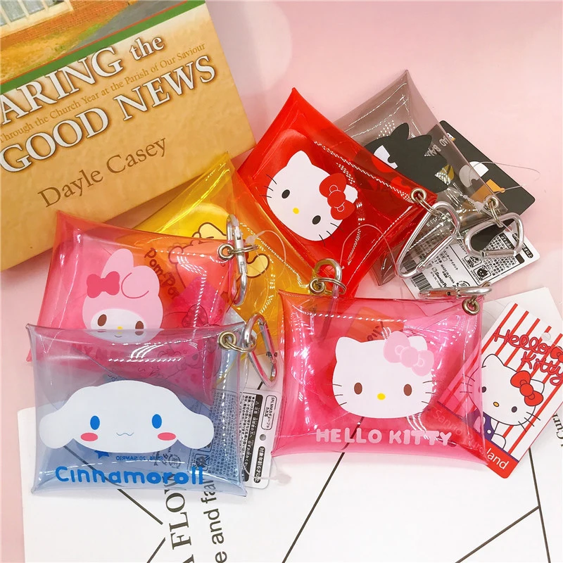 Porte-monnaie transparent en PVC mignon Sanrios, Hello Kitty, Kuromi, Cinnamoroll Melody, sacs de rangement pour clés