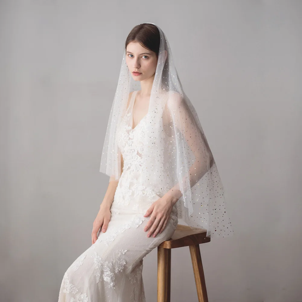 V613 New Style Beautiful Star Veil Korean-Style Hand-Sewn Hair Comb Medium-Length Double-Layer Bridal Veil Wedding Accessories