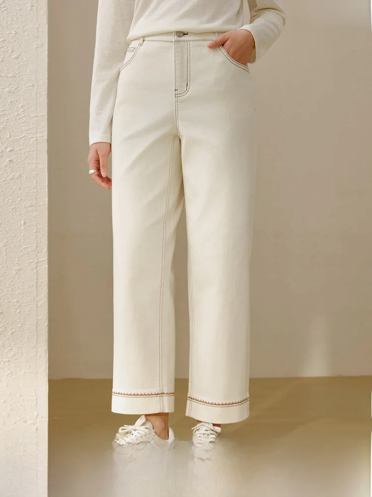 

Джинсы прямого кроя с высокой талией для похудения, корейский стиль, для повседневной носки, из эластичной хлопковой смеси, весенние новинки для женщин больших размеров