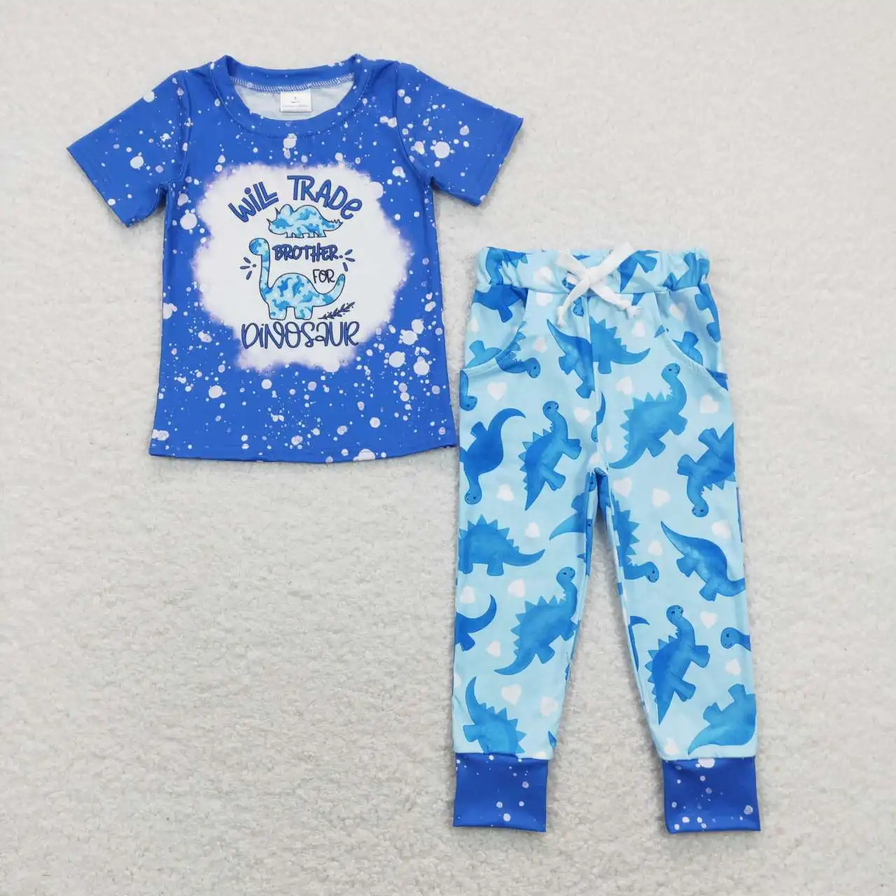 

BSPO0277 New Arrival Wholesale Boys Summer Clothes Short Sleeve Top With Pants Dinosaur Print Kids Boutique Set