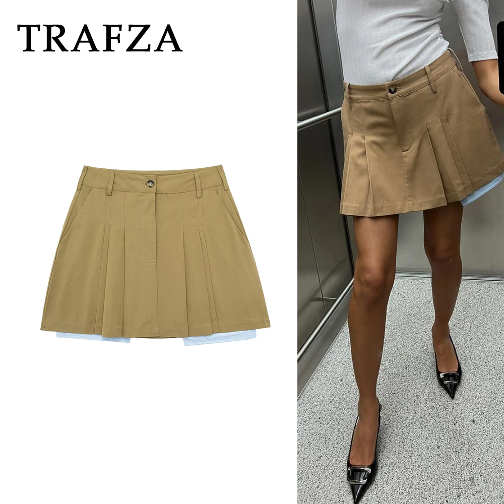 

TRAFZA 2024 Spring Summer Women Casual Solid Skirt Pleated Zipper Mini Skirt Folds Sexy Streetwear Fashion Elegant Mujer Faldas