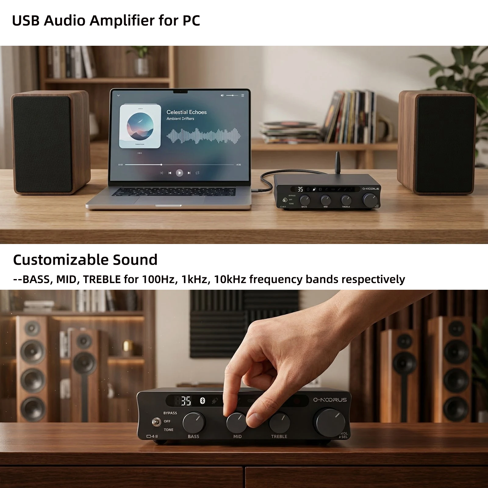 O-NOORUS D4 Series TPA3255 PFFB Stereo Balance Bluetooth HDMI ARC USB Optical Amplifier 300Wx2 with Treble Mid Bass Tone AMP