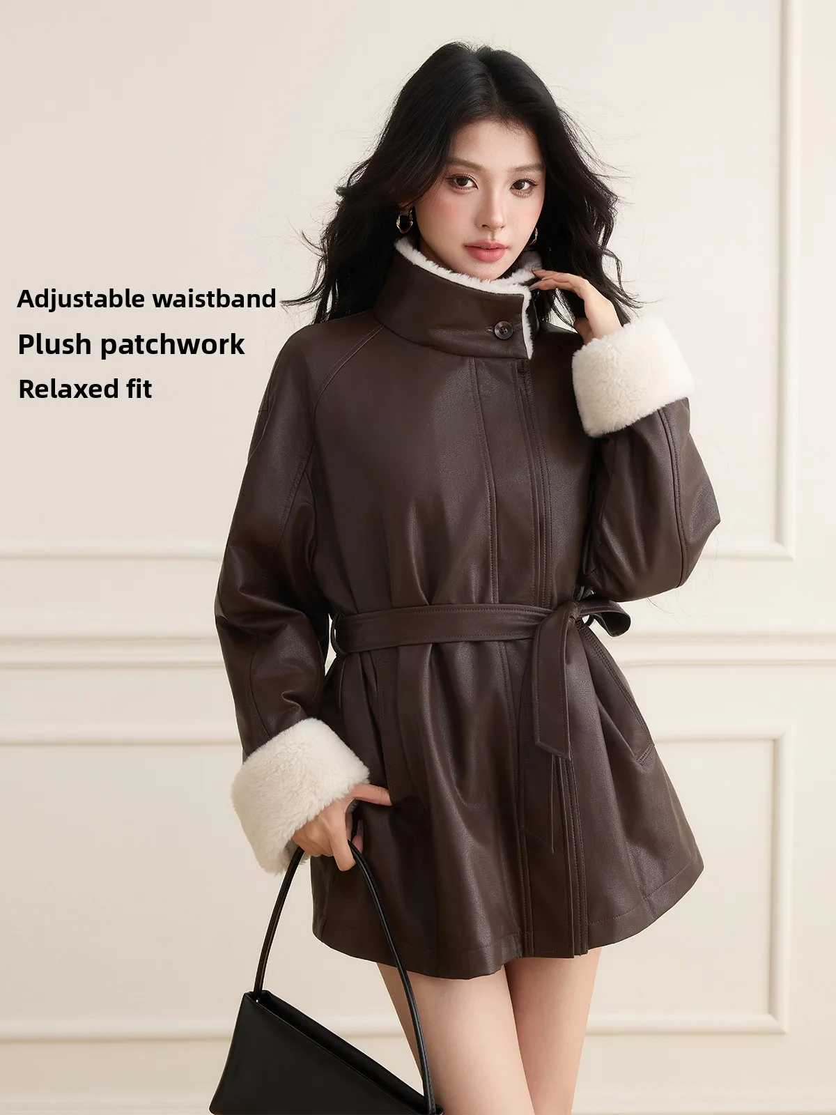 เสื้อโค้ทหนัง PU คอตั้งบุขนสัตว์ ความยาวปานกลางสำหรับผู้หญิง สไตล์วินเทจ ให้ความรู้สึกหรูหรา แฟชั่นใหม่สำหรับฤดูหนาว เสื้อคลุมแฟชั่น