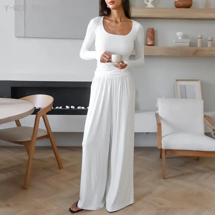 Women Autumn Winter Knit Pajama Set European Style Round Neck Soft Skin Friendly Long Sleeve Top Pants Two Piece Sleepwear