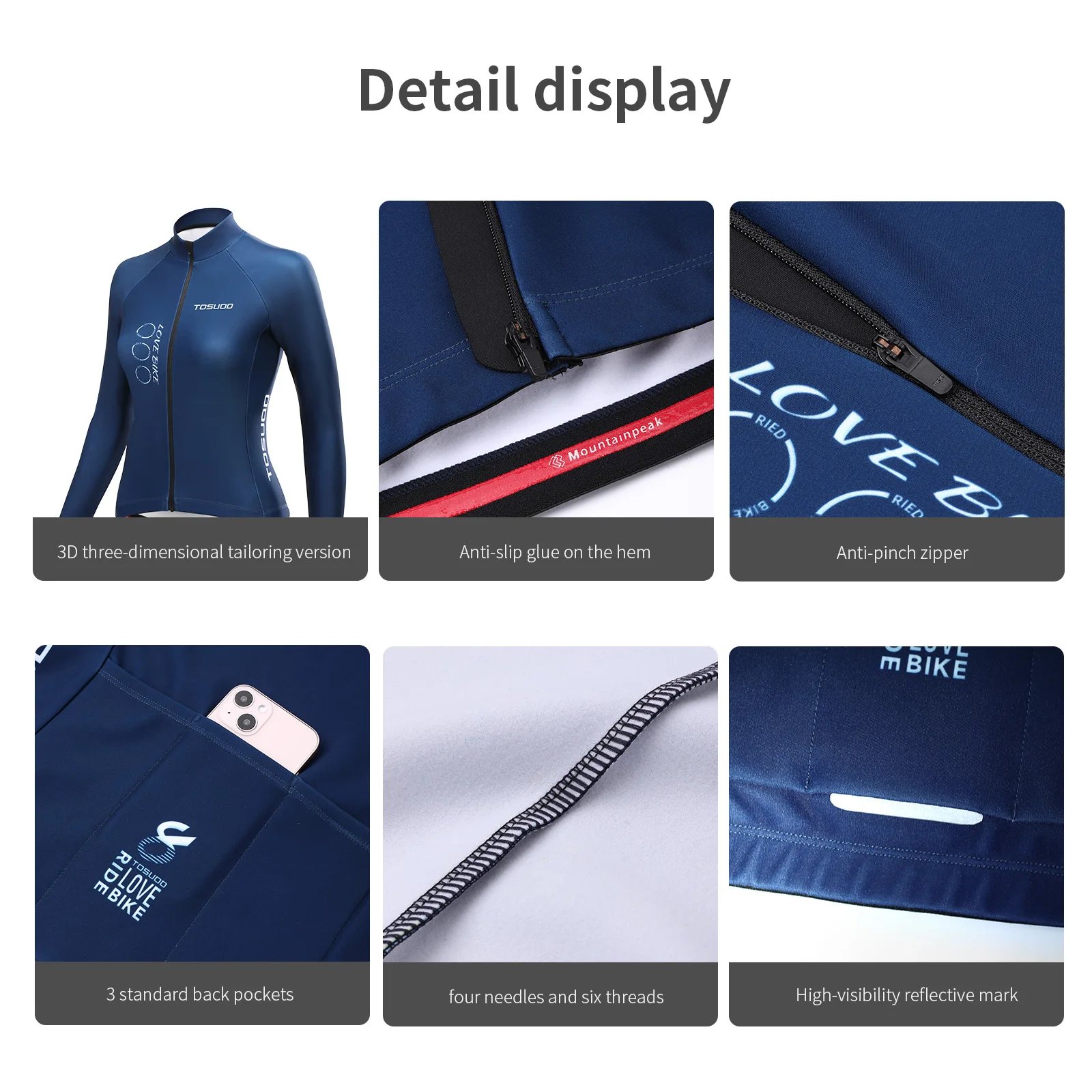 Ciepła koszulka rowerowa TOSUOD na jesień i zimę, wysoka elastyczność, oddychająca, pełny zamek błyskawiczny, koszulka rowerowa z trzema tylnymi kieszeniami.