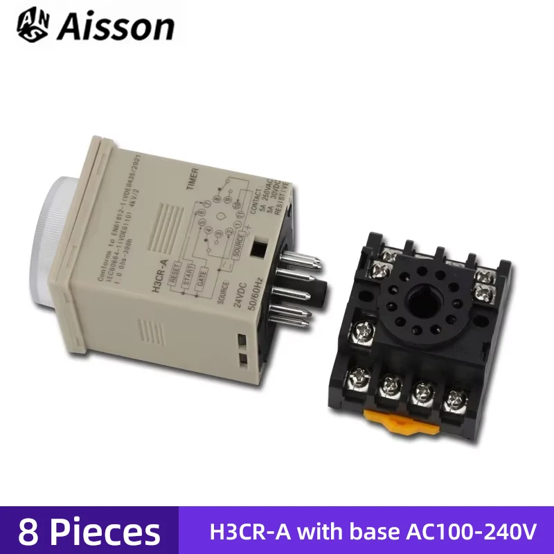 

8PCS H3CR-A Time Relay Power on and off Cycle Delay Time Relay AC100-240V 1.2s to 300h 50/60Hz 11PIN with Socket Base PF113A