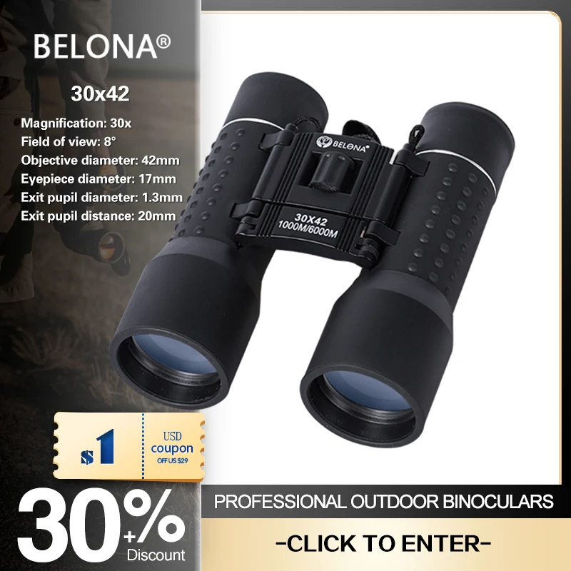 BELONA-Portable Durable Telescope Binoculars, HD for Outdoor Hunting,  Lll Night Vision, Rubber Metal Body, 30x42