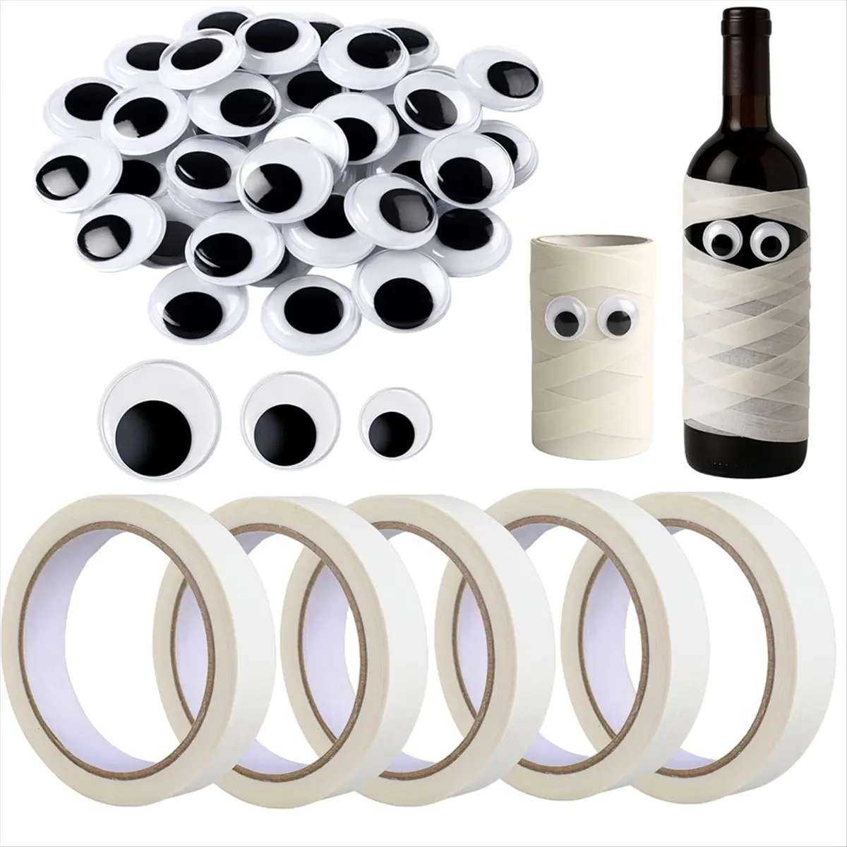 Budget-Friendly-5 Rolls Halloween Masking Tape Decoration and 300 Pcs Black -Googly Eyes Self Adhesive 6mm 12mm 20mm for DIY Cra