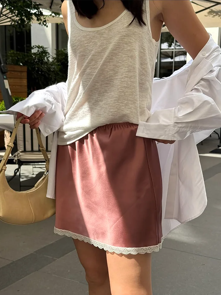 

Absobe Bow Patchwork Lace Mini Skirt Women's Satin Low Rise Straight Short Skirt Solid Fashion Casual Commuter Lady Streetwear