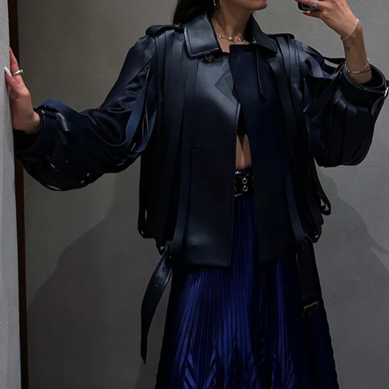 

Black Fashion Chic Cut Leather Jacket Women Trendy Unique Design Coat Stylish Versatile Tassel Sleeve Jacket Female Streetwear