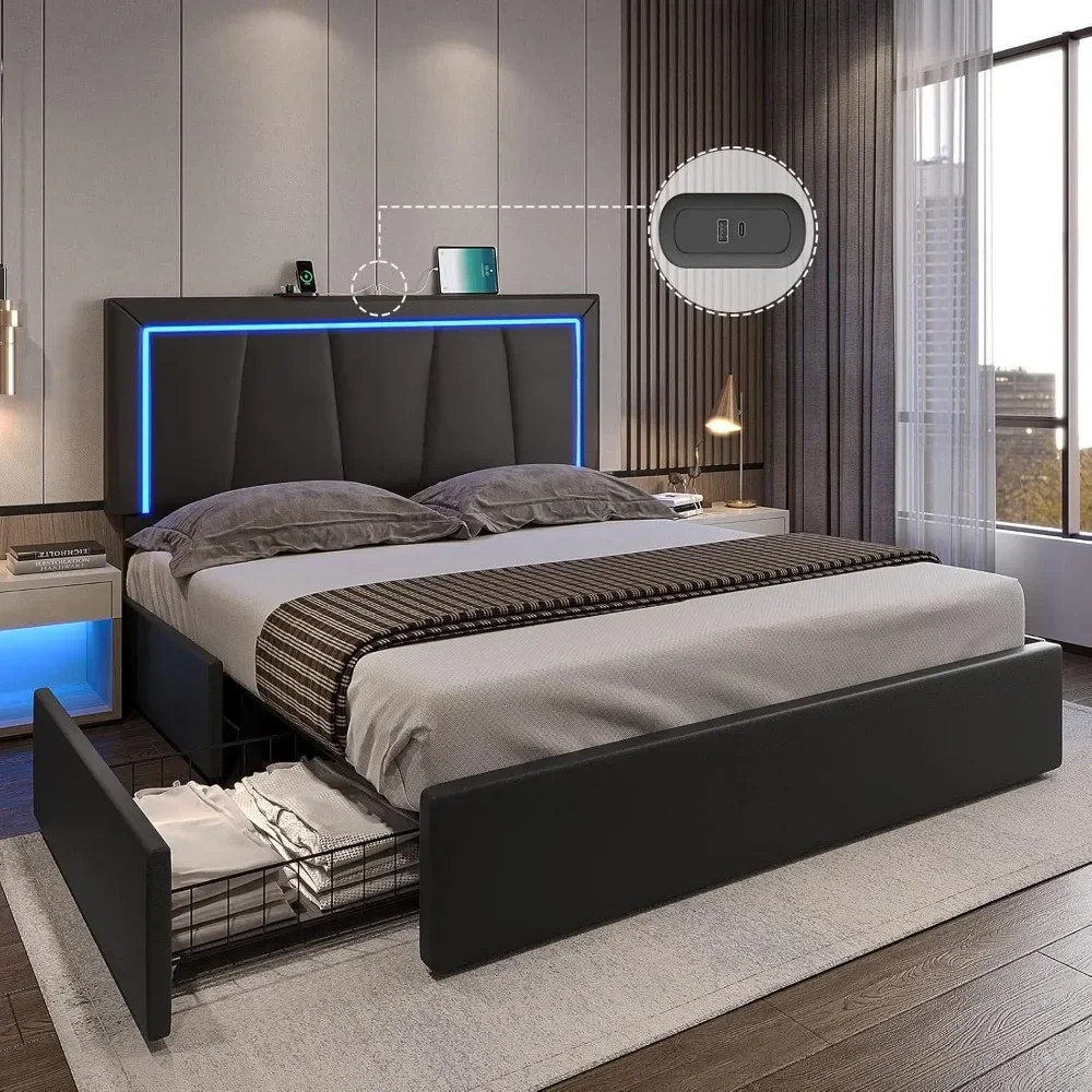 LED Bed Frame with 4 Drawers and USB Ports Modern Faux Leather Upholstered Platform Bed Frame with Storage and Smart RGB LED