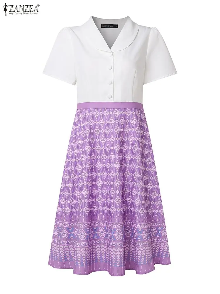 

Женское элегантное вечернее платье с высокой талией и принтом Ikat в стиле пэчворк с отложным воротником и v-образным вырезом с коротким рукавом ZANZEA, трапециевидные платья длиной до колена, S-3XL