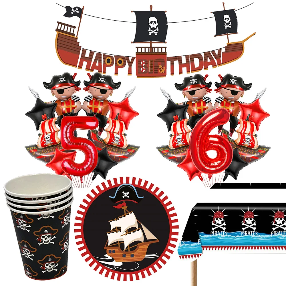 Serviettes de fête Pirate, assiettes, tasses, nappes, bannière, ballon crâne de Pirate, décoration de fête d'anniversaire sur le thème des Pirates des caraïbes pour enfants