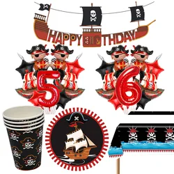 Pirate party napkins plates cups Tablecloths Banner Pirate skull balloon kids Caribbean Pirate themed birthday party decoration