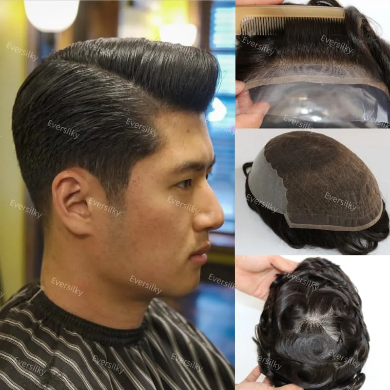شعر مستعار مريح للرجال q6 يسمح بالتهوية من الدانتيل السويسري والحرير PU دانتيل أمامي للرجال شعر مستعار بدلة غير مرئية بكثافة 110% للرجال #3