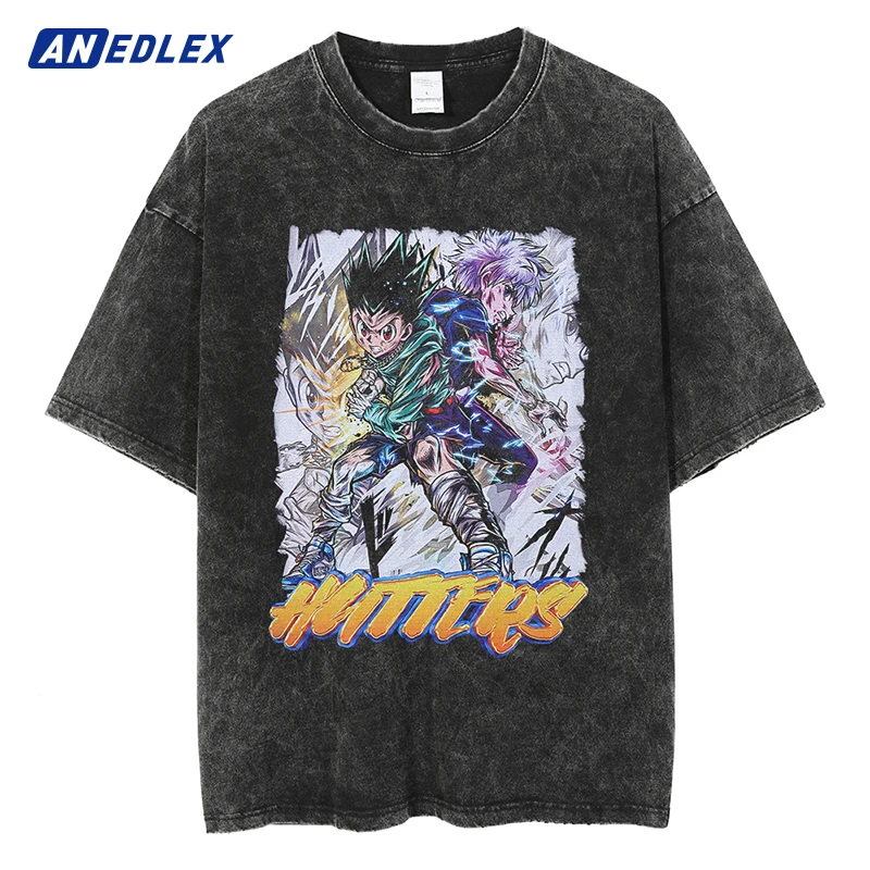 

Men Hip Hop Streetwear Oversize Washed T-Shirt Harajuku Anime Hunter x Hunter Graphic T Shirt Summer Short Sleeve Cotton Tshirt