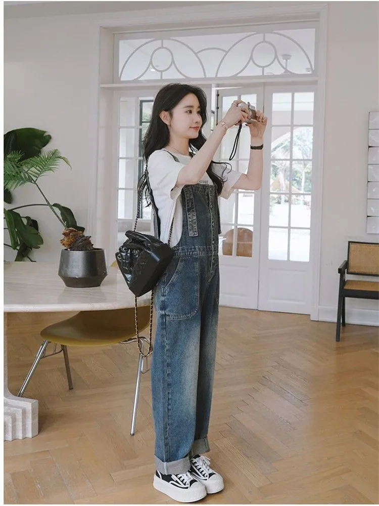 Vintage Blue Jeans Rompers Women's Jumpsuits Casual Streetwear Denim Overalls Loose Wide Leg Dungarees Buttons Cargo Baggy Pants