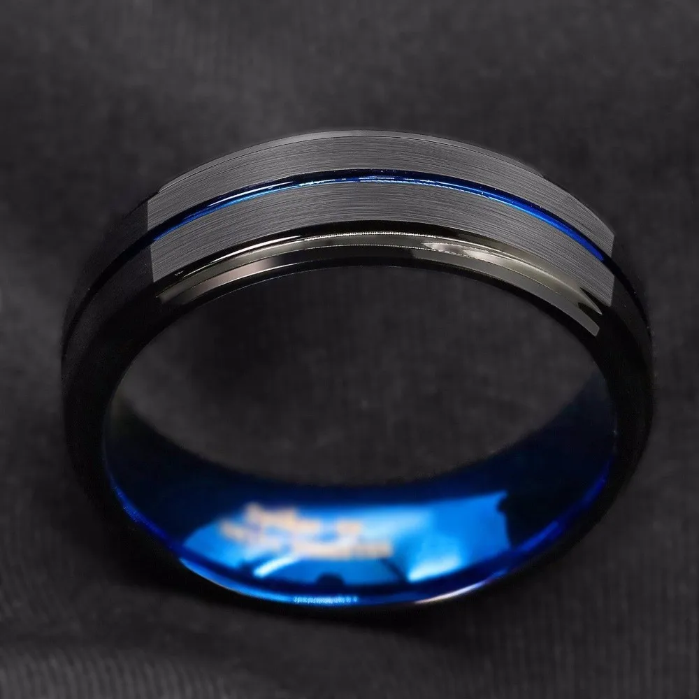 

Men's 8MM Black Brushed Stainless Steel Ring with Ladder Edge And Blue Groove Fashionable Wedding Band Jewelry Gift for Men