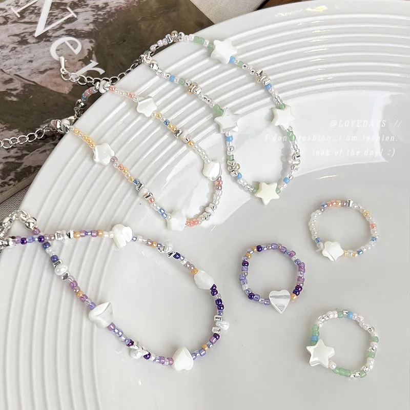 Beaded Bracelet and Ring Collection for Women Summer Beach Star Shell Boho Lightweight Small Batch Daily Resort Chic