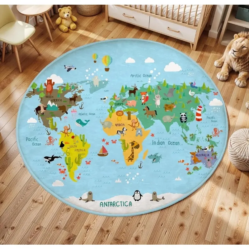 Kinderspel Ronde Vloermat Dierenwereldkaart Gedrukt Tapijt Kinderslaapkamer Nachtkastje Antislip Voetmat Woondecoratie