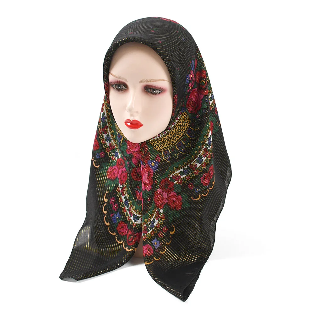 Handkerchief Scarf Russian Retrol Floral Printed National Gold Shinny Dustproof Muslim Headscarf Acrylic Small Scarf 80x80cm