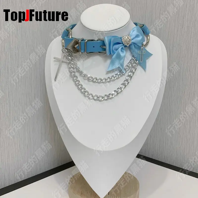 Women Men Harajuku Gothic Lolita Cosplay Punk layer necklace Y2K Girl Colla bow cross chain leather button choker spider chokers
