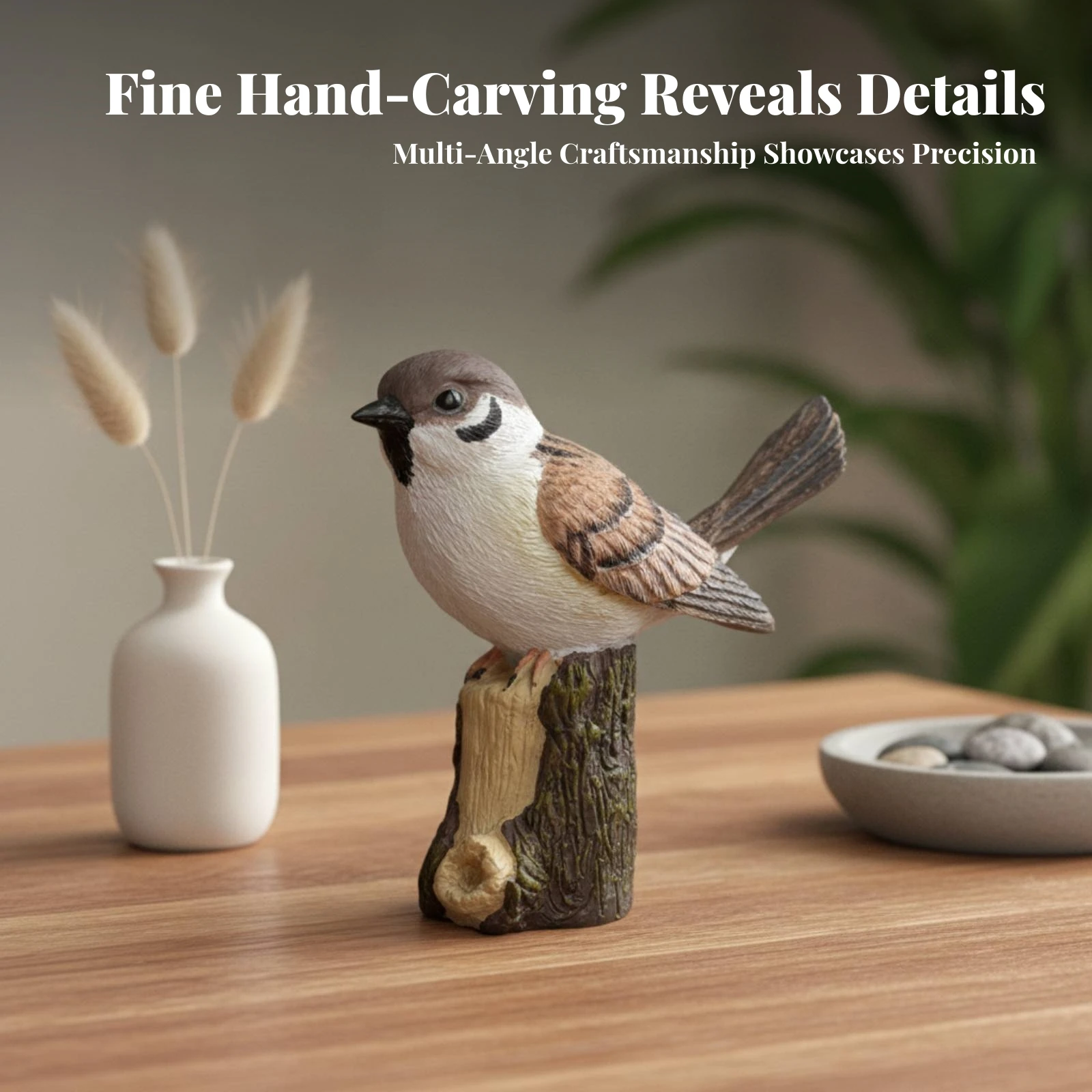 Tree Stump Bird Figurine House Decoration Sparrow Figurine Detailed Miniature Resin Bird Ornament Wood-Like Base for Tabletop