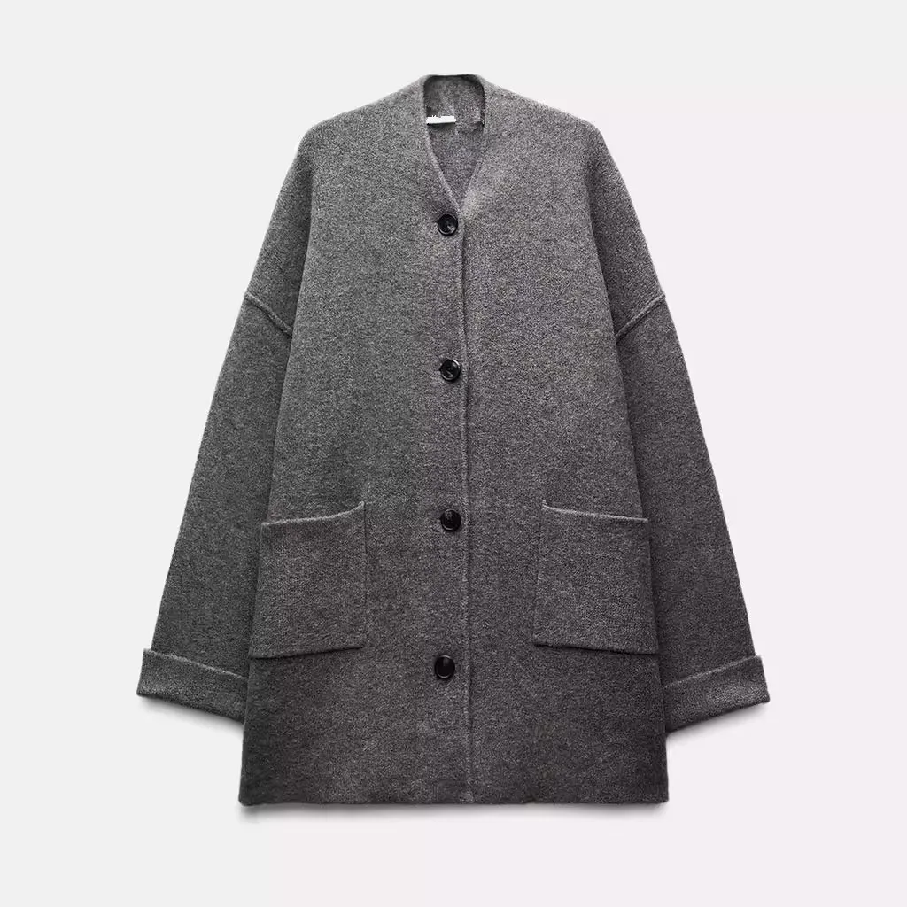 

Autumn Winter New Arrival Women's Knitted Long Sve V-Ne Coat Jaet with Patch ket Simple Sle Medium Length Cardigan