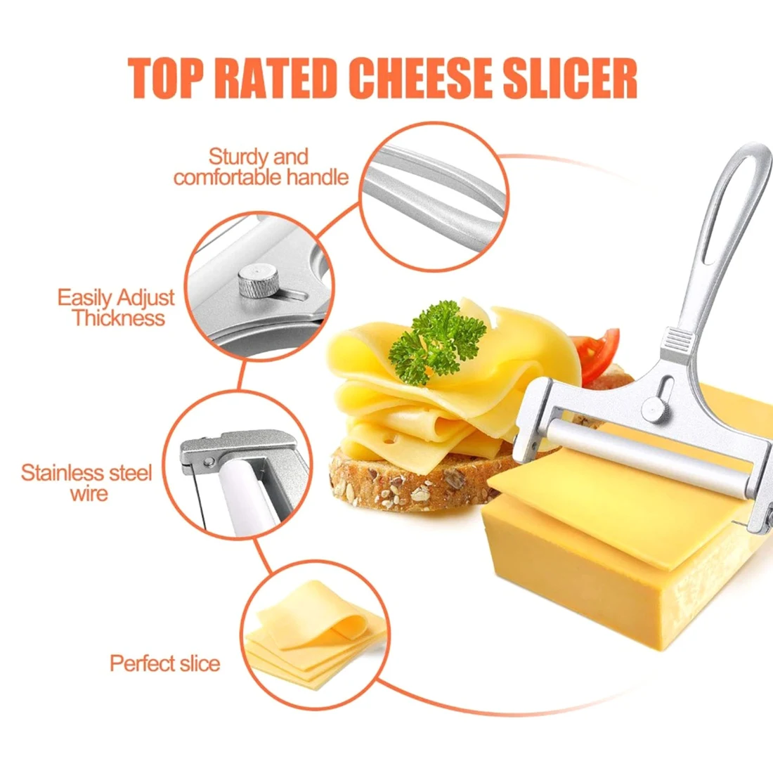 J1UL1N Kitchen Cooking Tool Cheese Cutter 2 PCS Stainless Steel Wire Cheese Slicer Adjustable Thickness Cheese Plane Tool