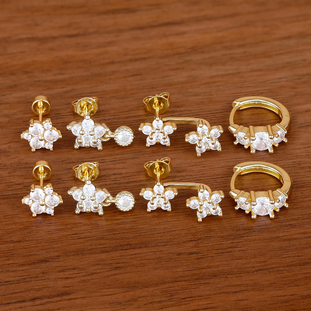 4-teiliges/8-teiliges Set französischer Design-Zirkon-Doppelblumen-Ohrhänger für Damen, geometrische Creolen, koreanischer Modeschmuck – Detail 2