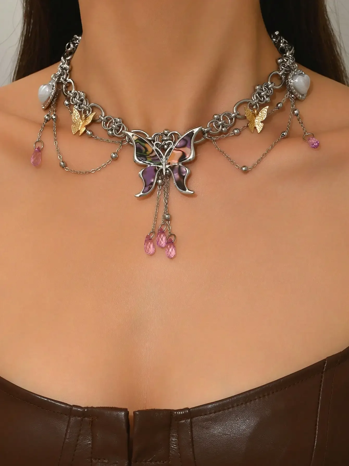 

1pc Y2K Chinese Punk Subculture Charm Butterfly & Heart Pendant Necklace, Thick Chain Layered Design, Suitable For Women's Party, Music Festival, Daily Wear, Gathering