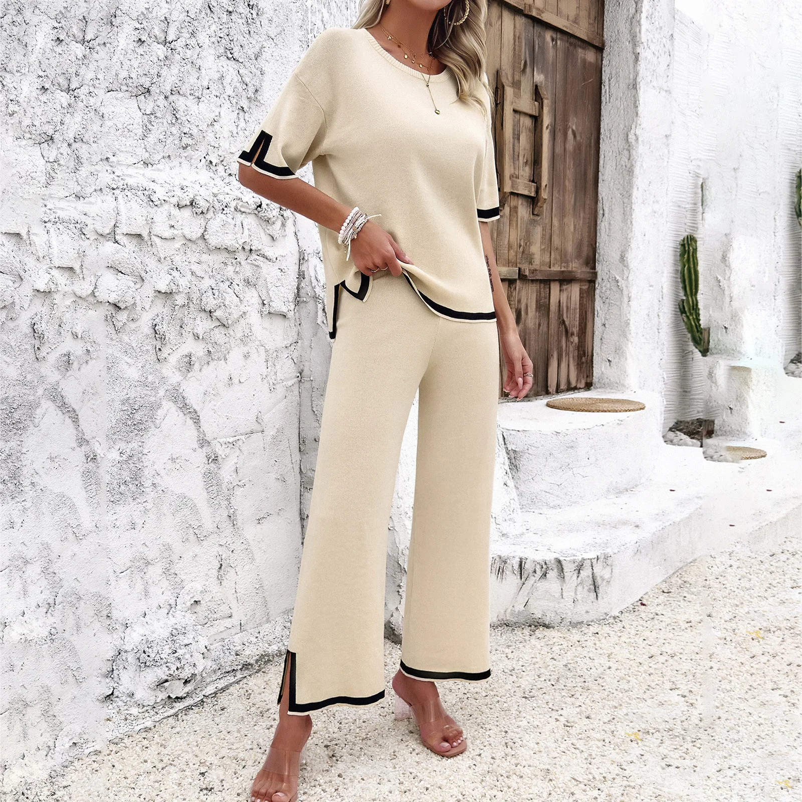 Women\'s Two-piece Solid Color Round Neck Short Sleeved Color Blocking Small Split Top Casual Pants 2024 Summer Knitted Set