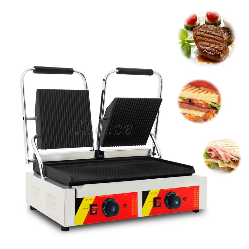 Commercial Electric Heating Press Plate Pickpocket Double Plate Panini Machine Stripe Fried Steak Hamburger Sandwich Machine