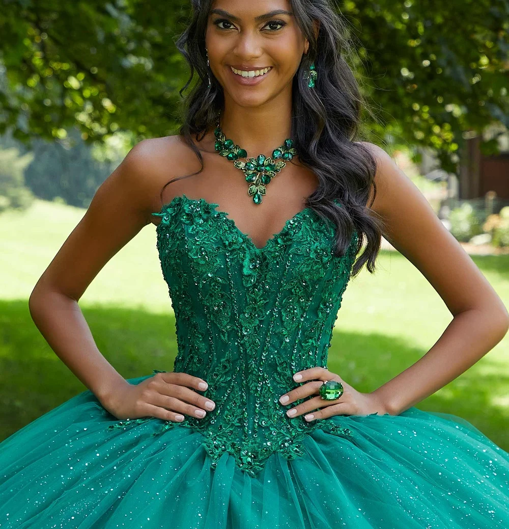 EVLAST personalizado verde esmeralda mangas largas Vestido para quinceañeras apliques De encaje lentejuelas corsé dulce 16 Vestido De 15 Anos TQD071