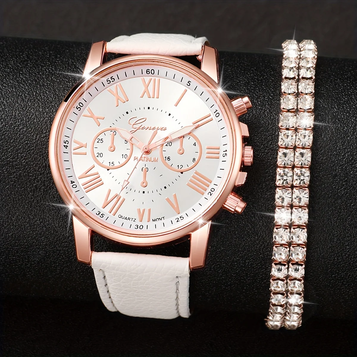 2 pçs relógios de quartzo branco pulseira de couro do plutônio ponteiro liga de zinco mostrador de liga de zinco e pulseira de strass jóias para mulher não