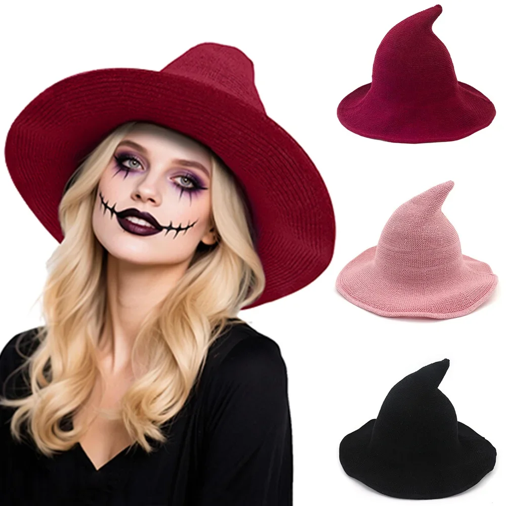 Halloween Witch Knitted Pointed Hat Cotton Yarn Cosplay Prop Lolita Manga Exhibition Accessories Foldable Magic Girl Wizard Hat