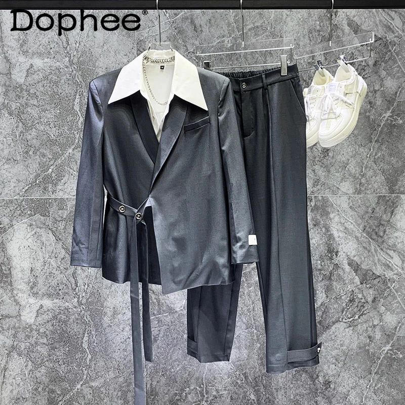 

2025 Новый модный костюм на шнуровке, комплекты из двух предметов, мужской элитный свободный комфортный костюм, куртки, костюм с широкими брюками, модный красивый комплект из 2 предметов