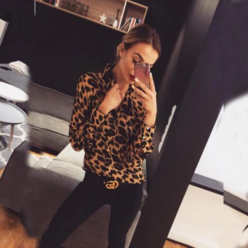 Leopard Print Blouse Women's V-Neck Button Up Long Sleeve Top Spring Autumn Office Lady Work Clothes