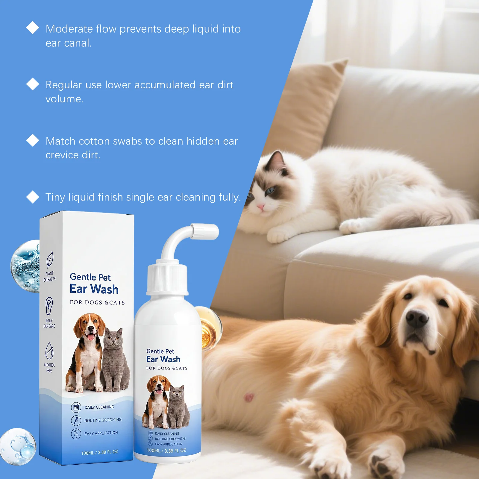 Pet Ear Drops for Dogs Cats Mild Ear Wash Liquid for Ear Canal Cleansing Wax Removal Deodorizing Sooth Daily Pet Ear Care Liquid