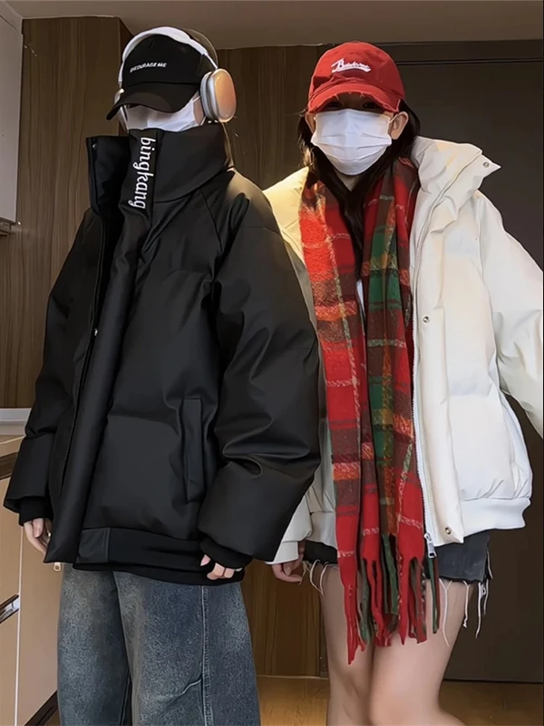 

Winter Thiened Padded Jaet for Men And Women Waterproof Windproof Warm Loose Fit Bla PU Leather Stand Collar Couples Coat