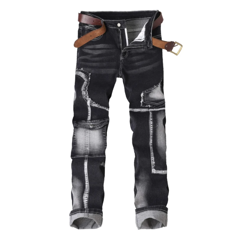 Men's Hole Slim Fit Straight Biker Jeans New Stretch Casual Hip Hop Street Pants Fashion Patchwork Trend Male Denim Trousers