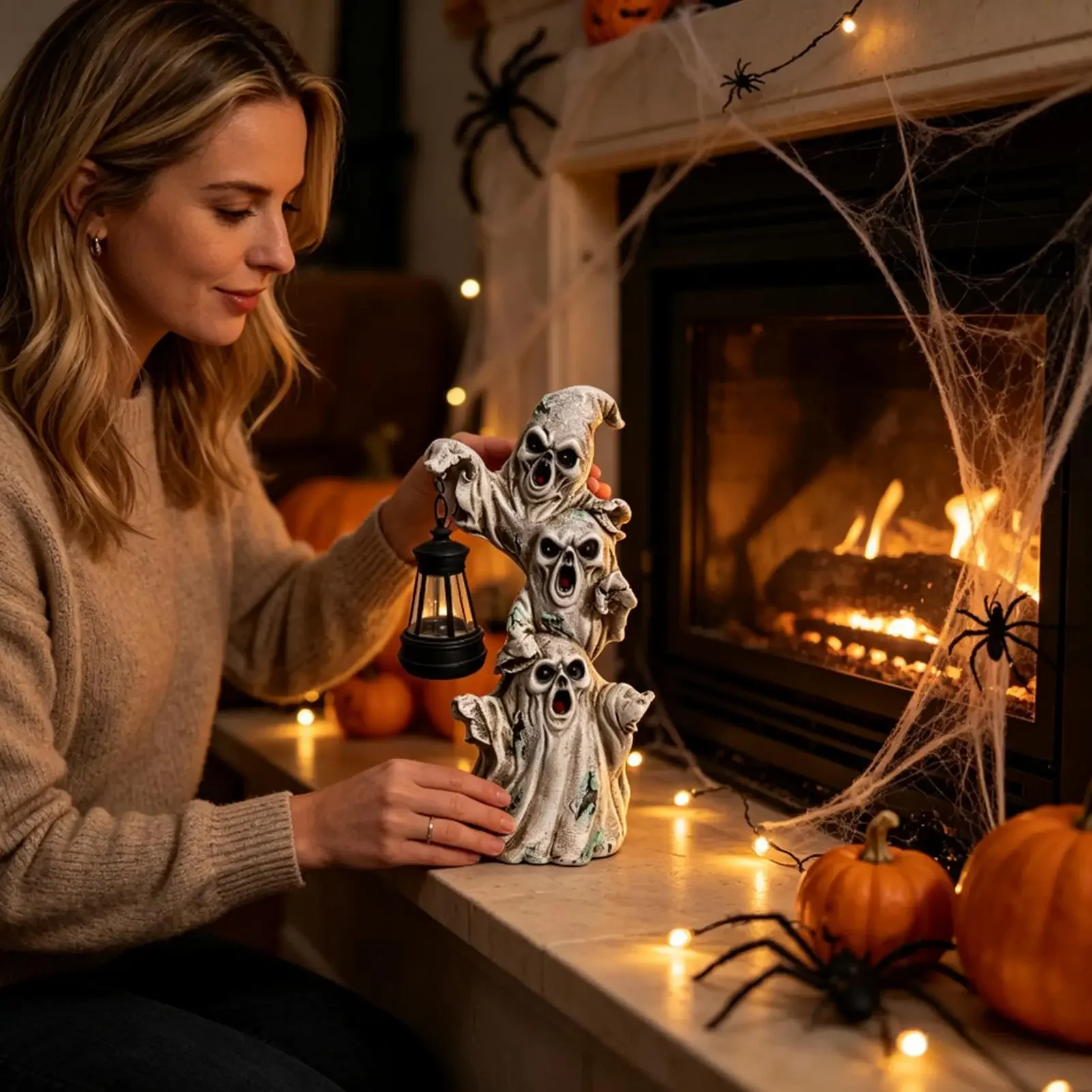 Solar Ghost Lights Outdoor Scary Resin Figurine Halloween Lamp Desktop Fireplace Ghost Statue For Outside Backyard Lawn Patio